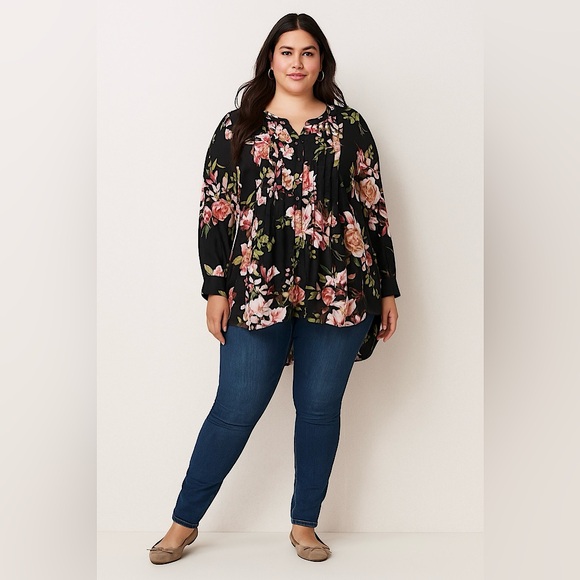ROAMAN'S Cotton Floral Blouse Lightweight Button Up Shirt Dark Romantic Boho 32W - Picture 1 of 13